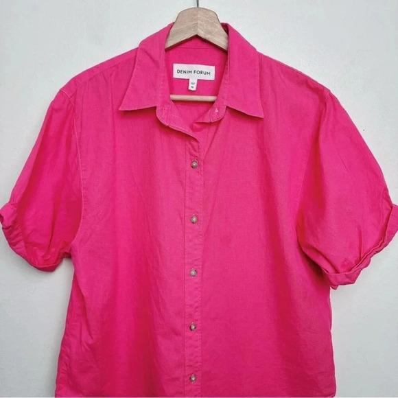 Aritzia Denim Forum Womens Size Xsmall Button Hot Pink  Roll Sleeve Jane Shirt - Picture 3 of 15